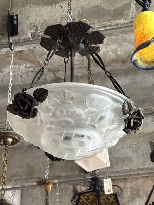 Art Nouveau 3-Chain Light Fixture with Floral Embellishments