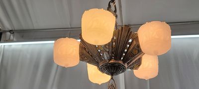 1930s Art Deco Light Fixture with 5 White Frosted Shades