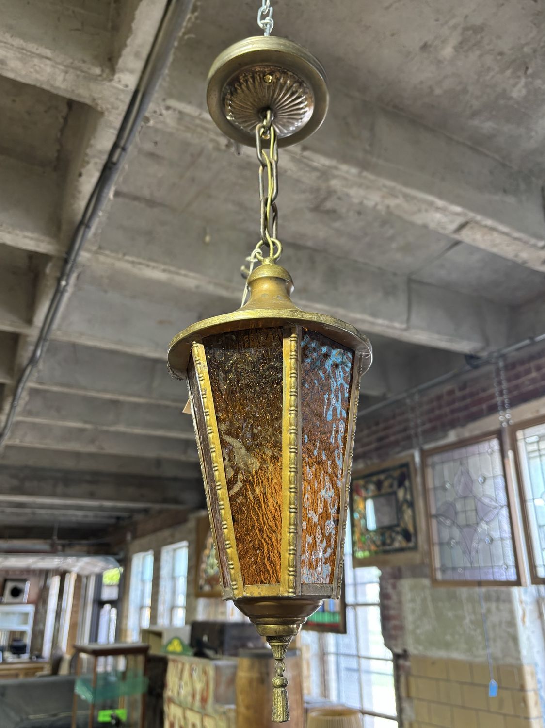 Brass Light Fixture with Amber Glass