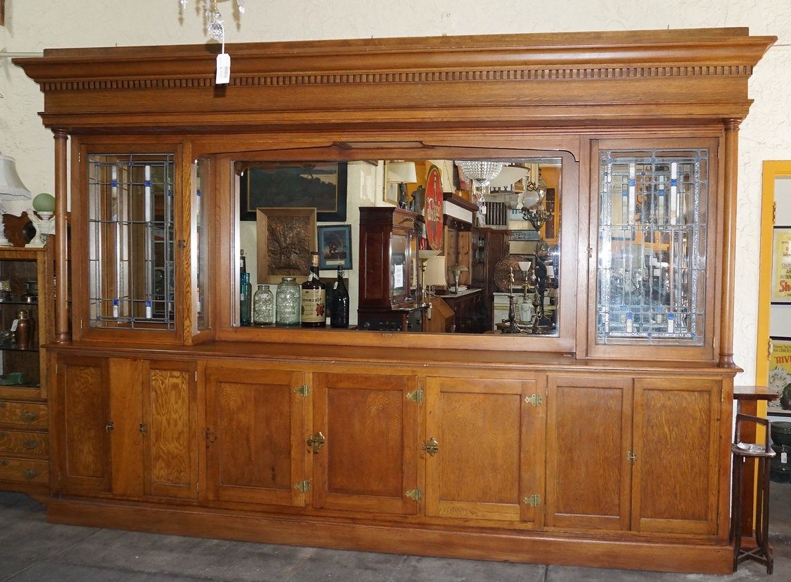 Back Bar Ca 1920s Arts and Crafts with Stained Glass Doors