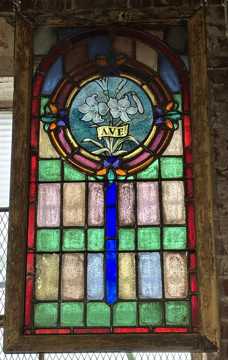 Stained Glass Window with Lilies and AVE 45&quot; x 25&quot;