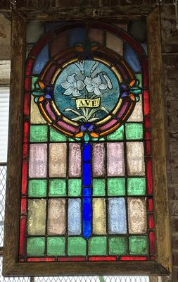 Stained Glass Window with Lilies and AVE 45&quot; x 25&quot;