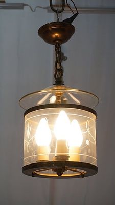 1940s Pendant Light Fixture With Etched Glass Cylinder Shade