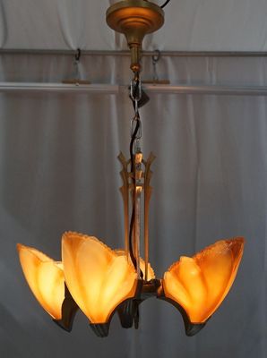 1920s Art Deco Batwing Slip Shade Chandelier - 5 Lights