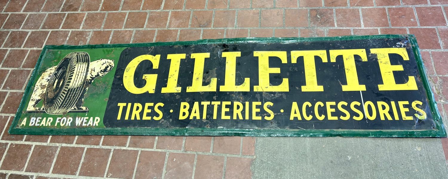 Vintage Gillette Tires - Batteries - Accessories A Bear for Wear Sign 97&quot; x 25&quot;