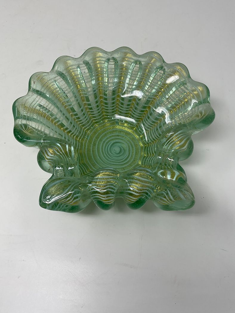 Vintage Art Glass Ash Tray - Green/Gold