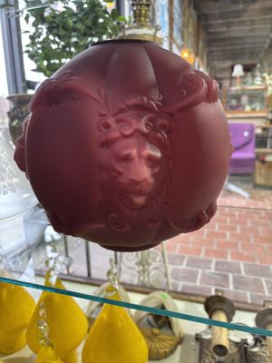 Vintage Red Oil Lamp Ball Shade Lions 10&quot;