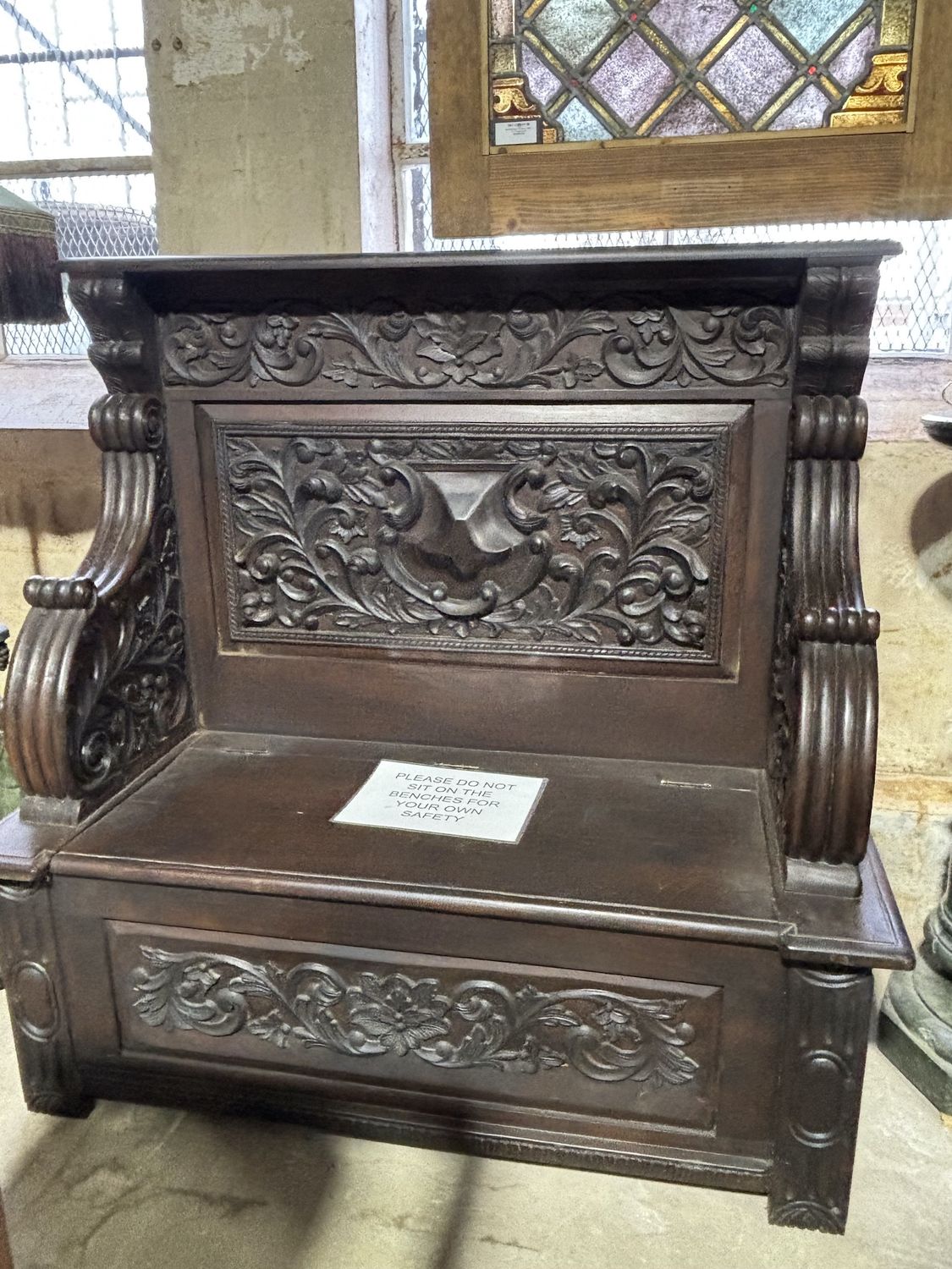 Antique Victorian Carved Oak Hall Bench 51" x 21" x 50.5"