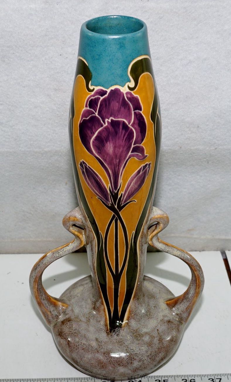 Art Nouveau Dual Handle Ceramic Vase with Purple Iris