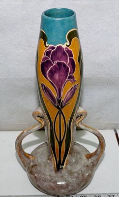 Art Nouveau Dual Handle Ceramic Vase with Purple Iris