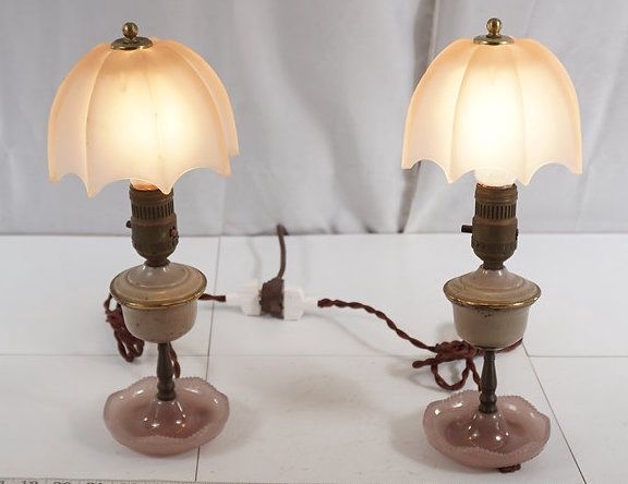 Pair of 1940s Table Lamps with Satin Glass Shade 13.5&quot; x 6&quot; each