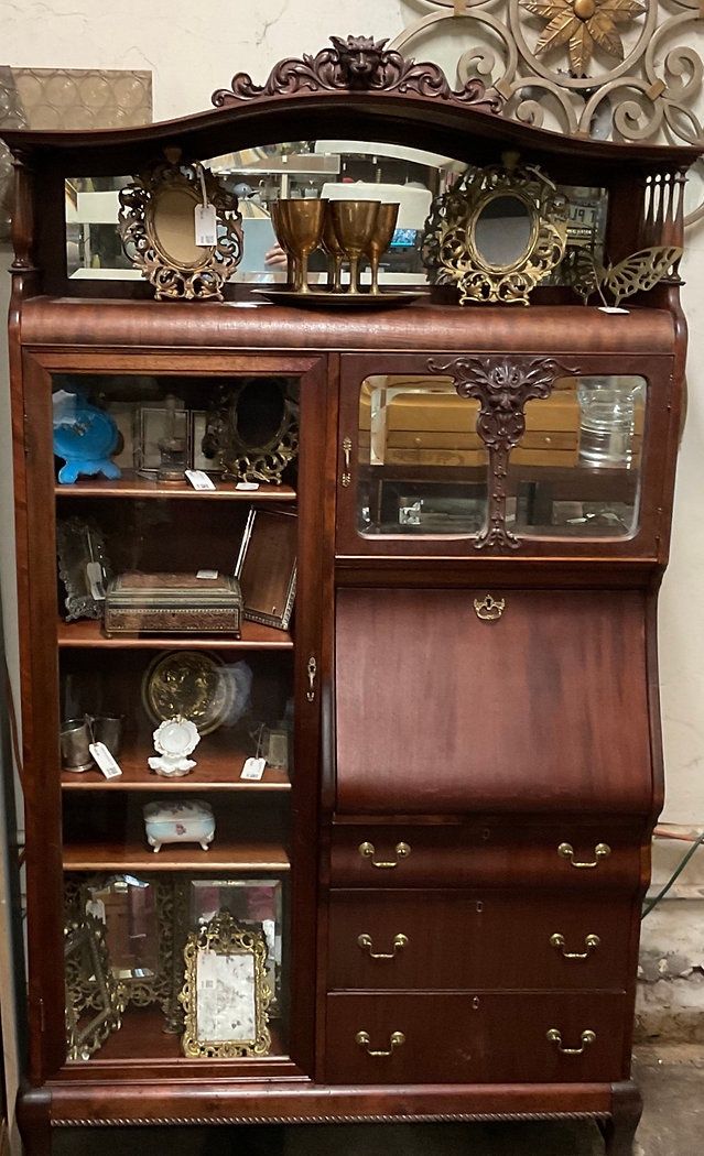 Mahogany Side by Side Secretary Desk - Original Finish with Beveled Glass 77" x 42.5" x 16"