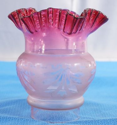 1800s Cranberry and Etched Glass Gas Shade - 5.25" x  6"