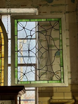 Vintage Stained Glass Window - Clear Lead Glass and Green Border 31&quot; x 41&quot;