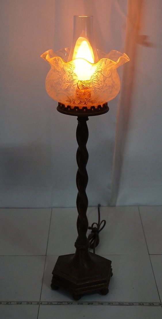Electric Converted Gas Table Lamp with Etched Glass 37&quot; x 8.5&quot;