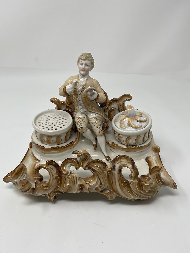 Vintage Porcelain Ink Well with Sand Shaker with Mother of Pearl Dip Pen