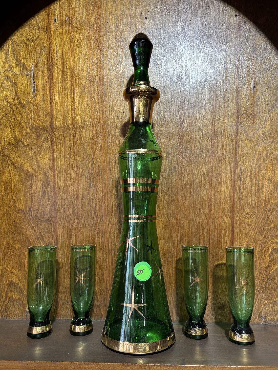 Vintage Decanter with Stopper and Glasses (4) - Green Glass with Gold Accents