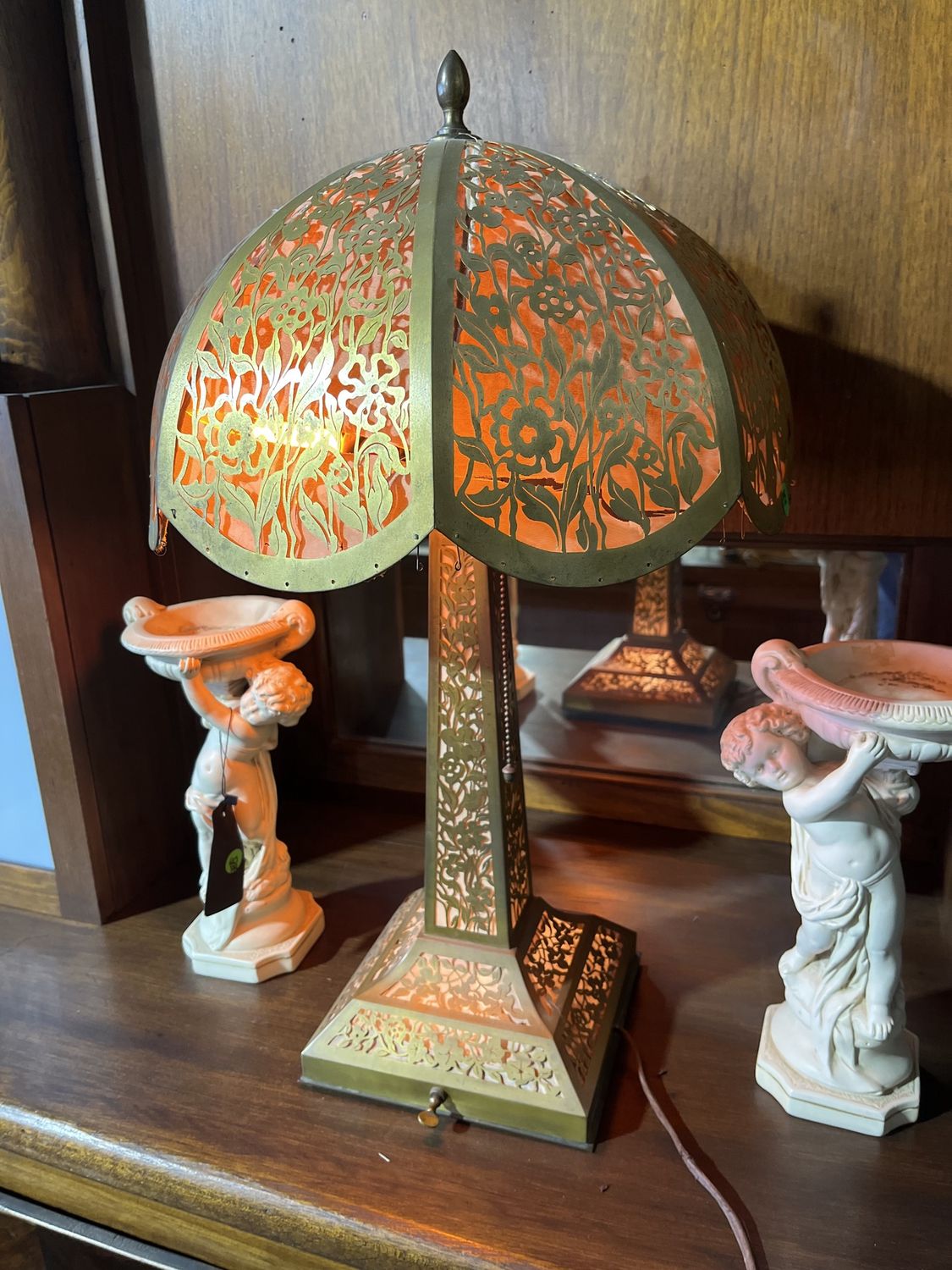 Vintage Lamp with Filigree Shade  14.75" x 25" As Is - shade missing fringe/tears in fabric