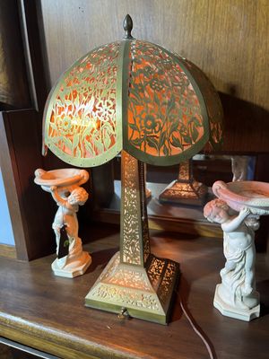 Vintage Lamp with Filigree Shade  14.75" x 25" As Is - shade missing fringe/tears in fabric