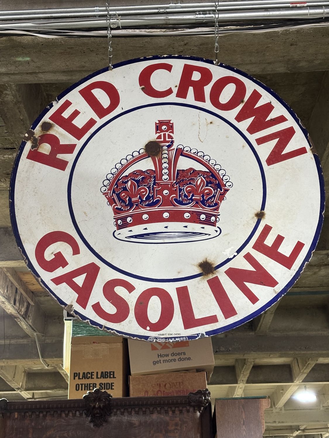 Vintage Red Crown Gasoline Double Sided Porcelain Sign 42"