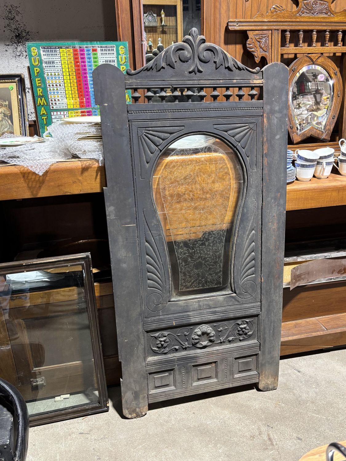 Vintage Carved Wooden Swinging Door with Etched Glass  26.5" x 56" x 1.25"
