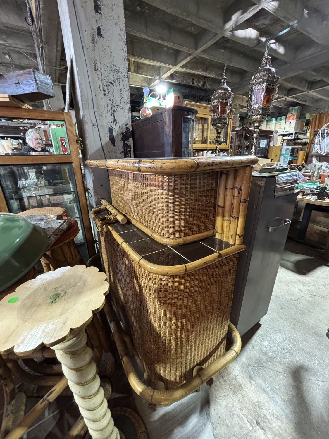Vintage Tiki Bar Rattan and Bamboo with Wall Mounted Lights and Bar Stools (3) 57" x 26" x 47.5"