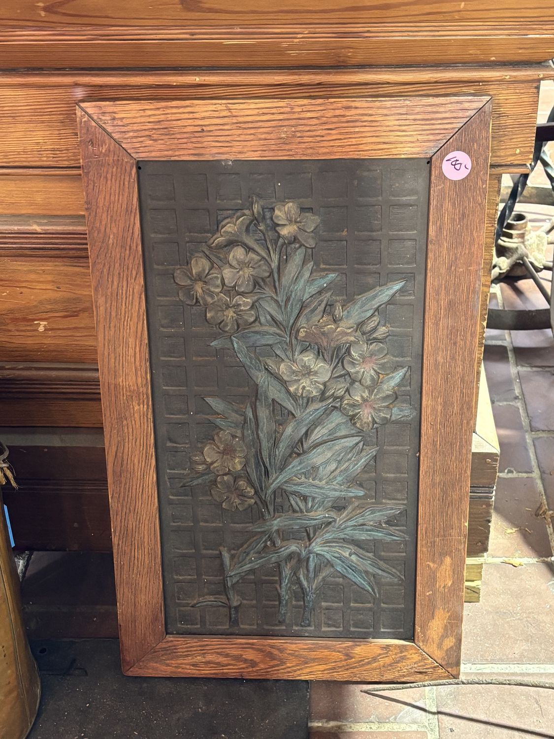 Vintage Cast Iron Floral Plaque with Wooden Frame 14.25" x 24.25" x .75"