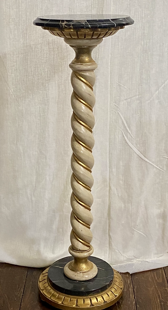 Vintage Hand Carved Wooden Twist Marble Top Pedestal 12" x 37"