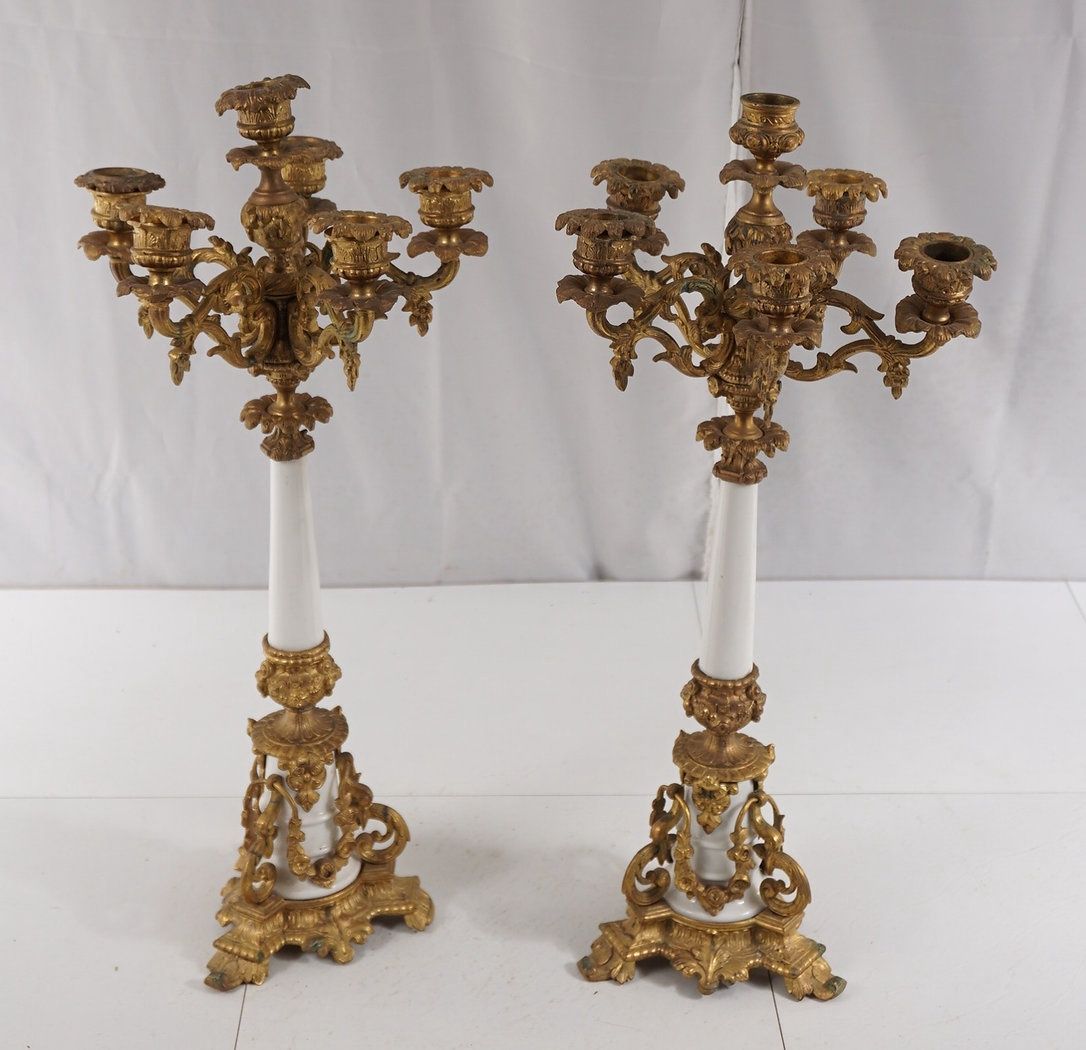 Pair of Brass and Ceramic Candelabras 10" x 21" As Is