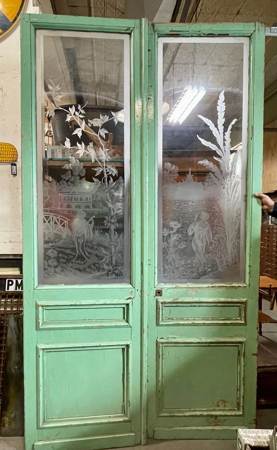 Vintage Pair of Doors - Japanese Scene Etched Glass  29" x 101.5" x 2" each