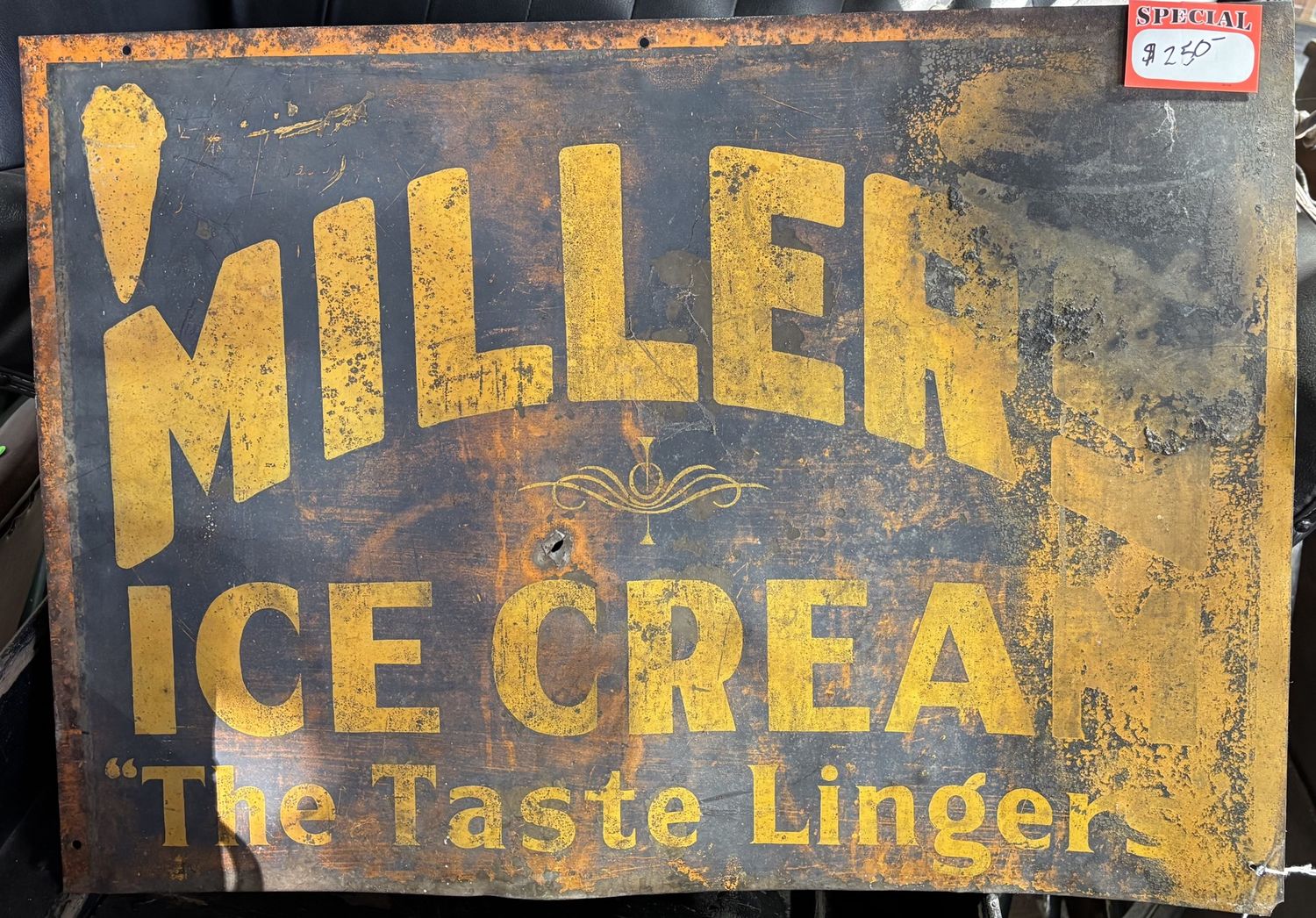 Vintage Metal Miller's Ice Cream Sign "The Taste Lingers" 28" x 20"