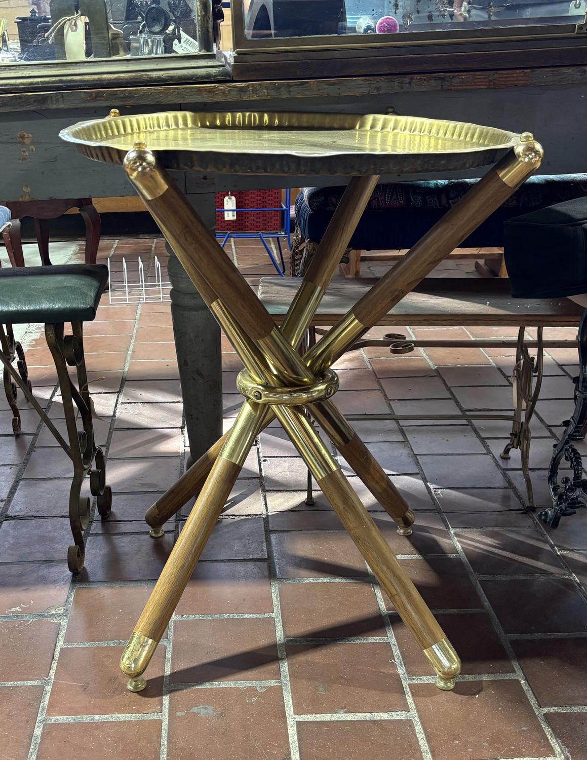 Mid-Century Modern Brass and Wood Tray Table 25" x 25" x 28"