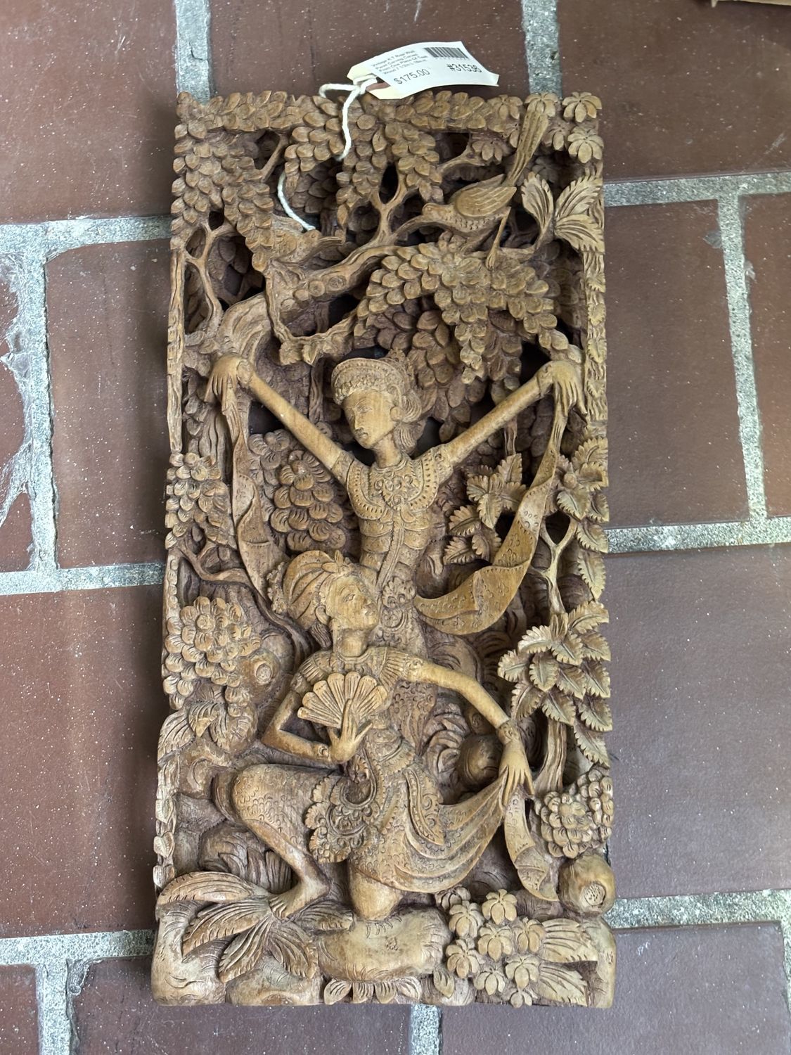 Vintage Hand-Carved Wood Relief Panel Rama and Sita 7.5" x 16"