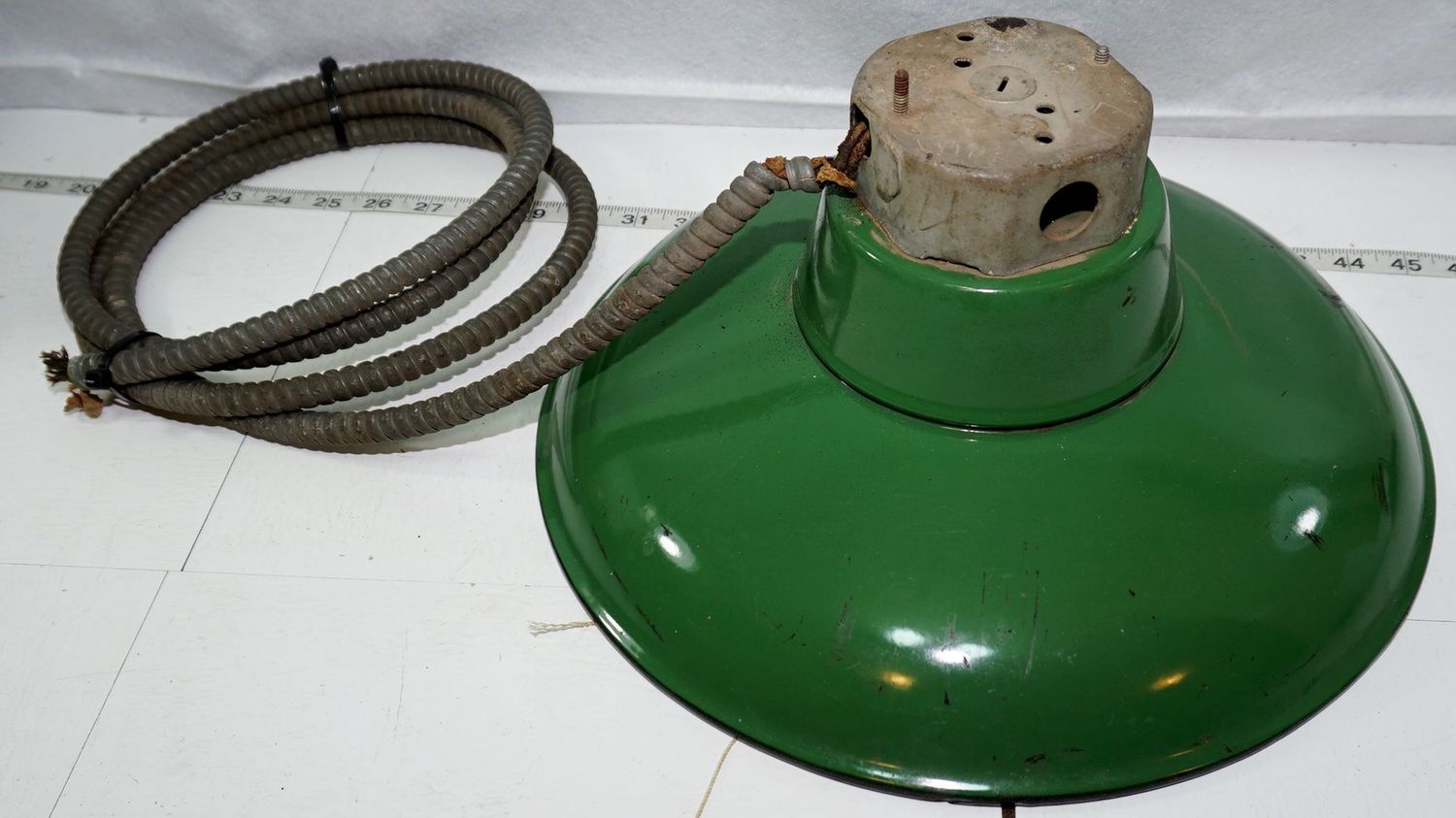 Vintage Industrial Green Porcelain Enamel Gas Station Light Fixture 14"