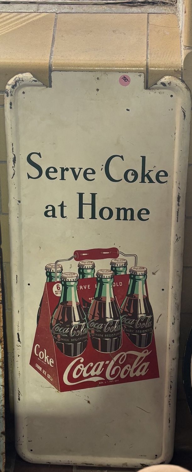 Vintage Coca-Cola Tin Pilaster Sign "Serve Coke at Home"