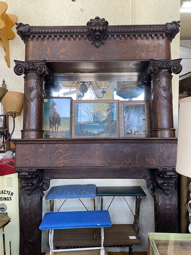 Intricately Carved Quartersawn Oak Mantle with Northwind Face and Lion CA 1900s 61” x 16” x 100”