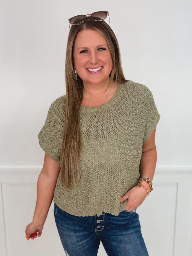 Short Sleeve Roundneck Sweater, Color: Sage Green, Size: XS