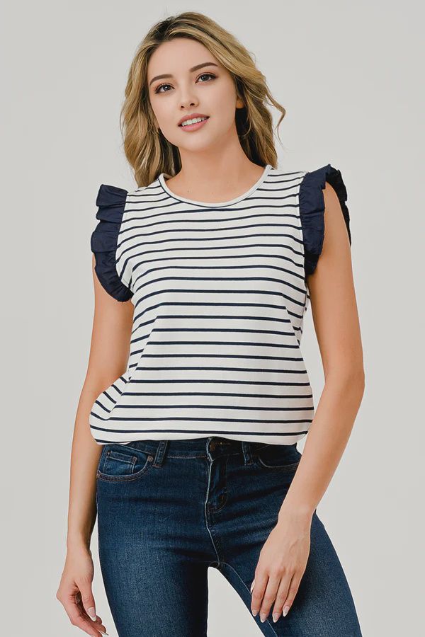Short Sleeve Top, Color: Navy Stripe, Size: Small