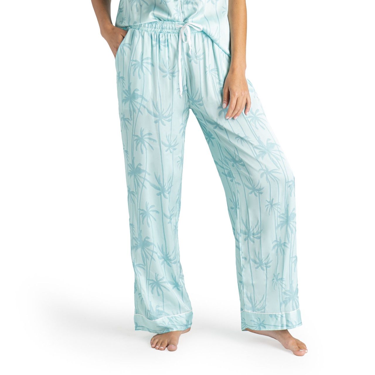 Satin PJ Bottoms, Size: M/L, Style: Palm Tree/Teal