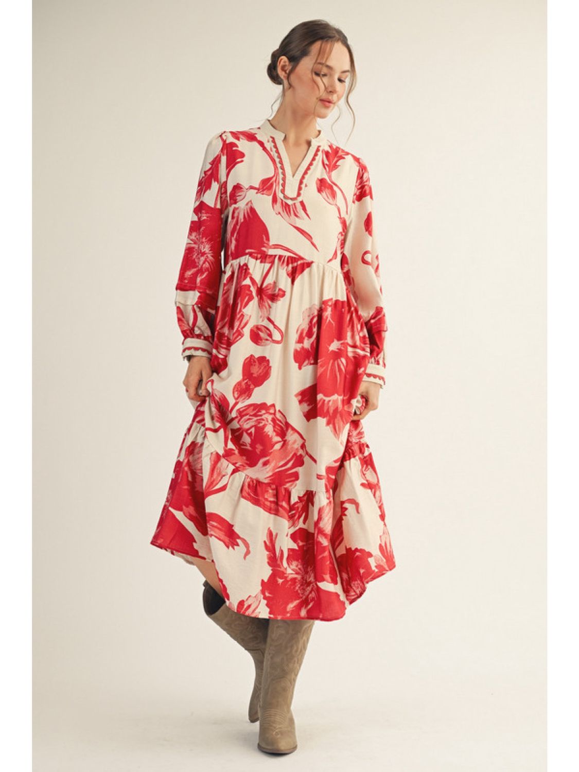 Floral Midi Dress, Color: Red/Cream, Size: Small