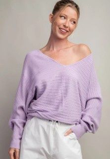 Ribbed Knit V- Neck Sweater, Color: Lavender, Size: Small
