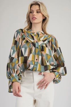 V-neck Pattern Blouse, Size: SM, Style: Dry Herb