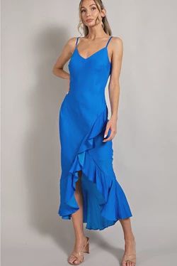 V-Neck Midi Dress, Size: Small, Style: Ruffle/Royal Blue