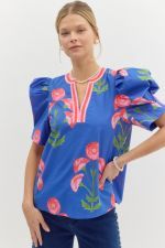 Floral  print shoulder puff blouse, Color: Electric Blue/Pink, Size: Large