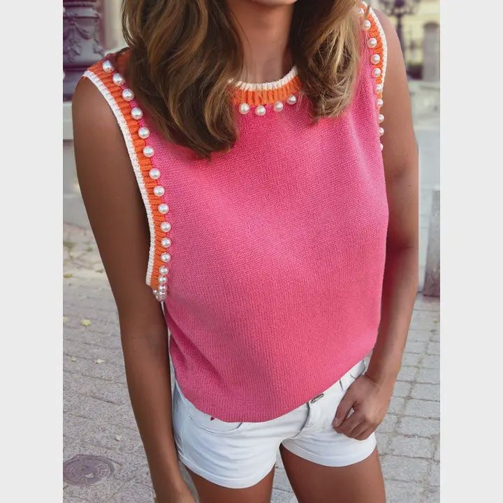 Sleeveless Knit Top, Pattern: Pearls/Pink, Size: Small