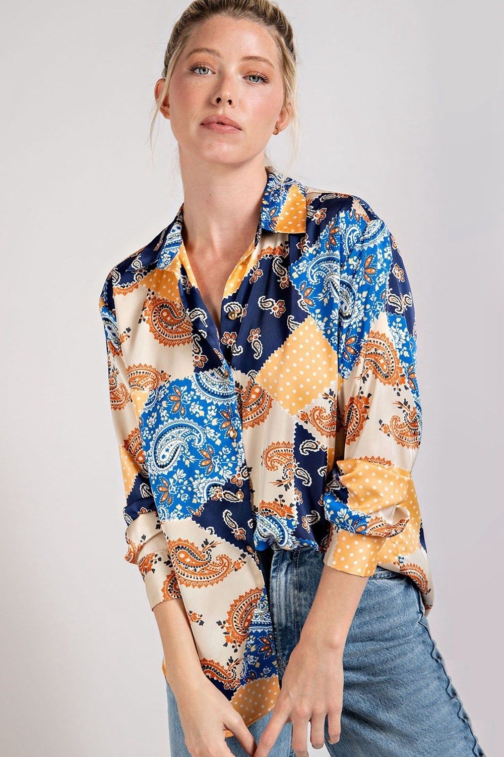 Curvy Satin Blouse, Color: Blue Mix Paisley, Size: XL