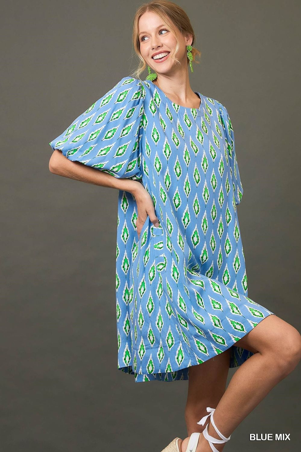 Bubble  Sleeve Dress, Color: Blue/Green, Size: Small