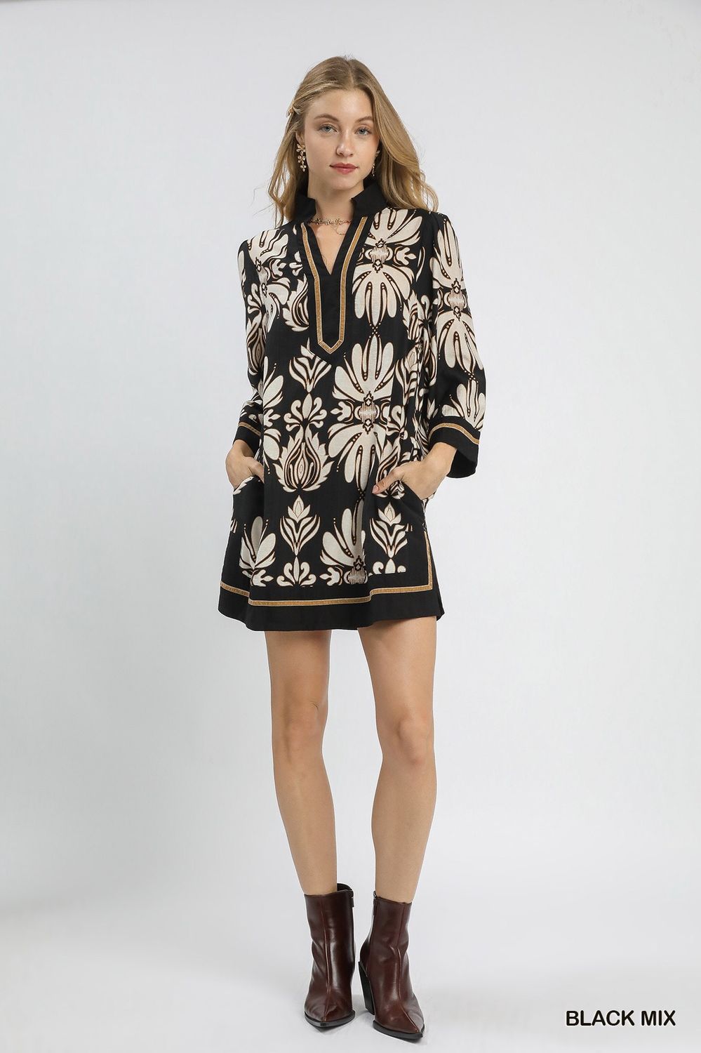 Umgee Midi Dress Tunic, Color: Black/Camel, Size: Small