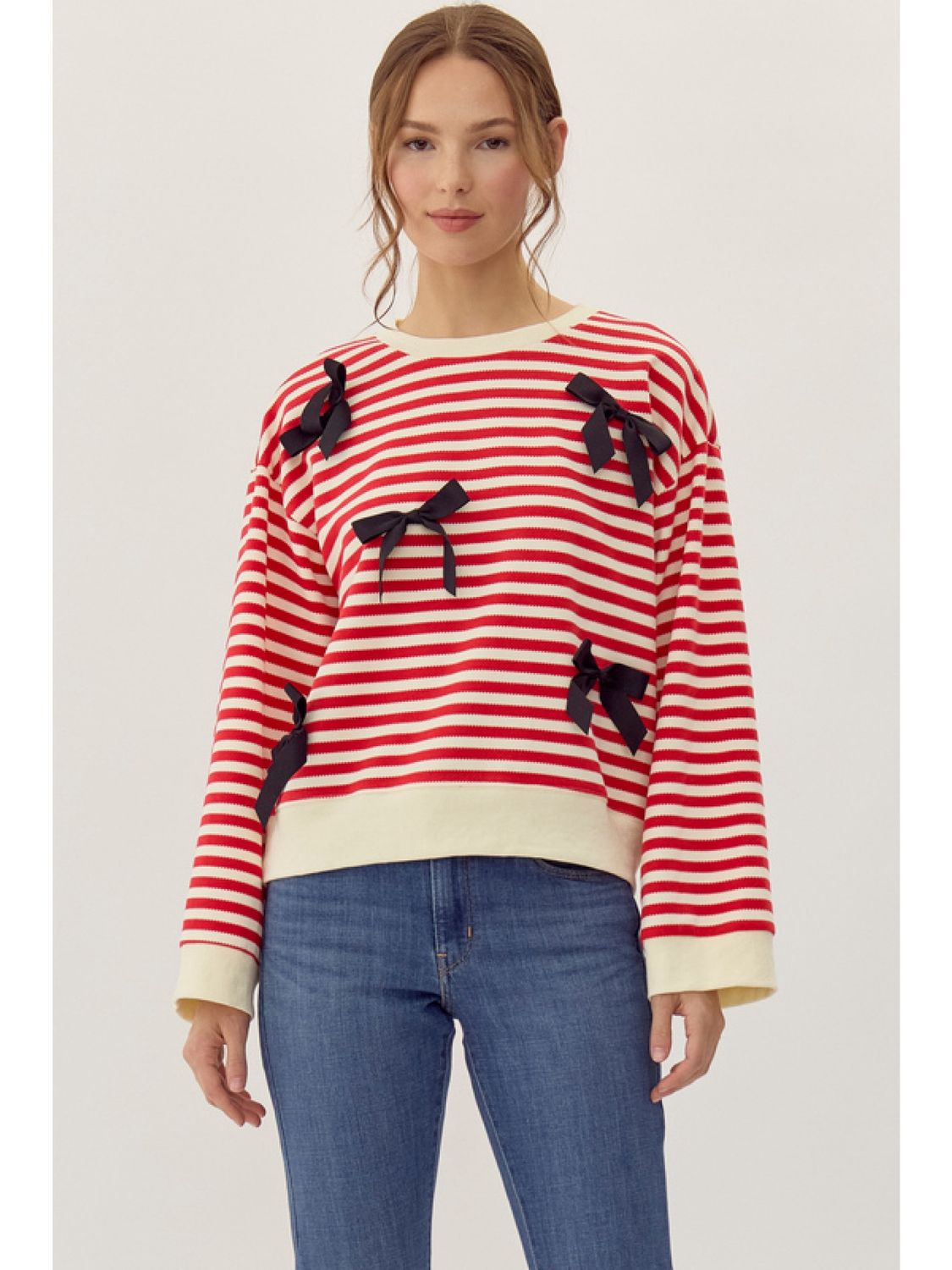Striped Sweatshirt, Color: Red W/Black Bows, Size: Small