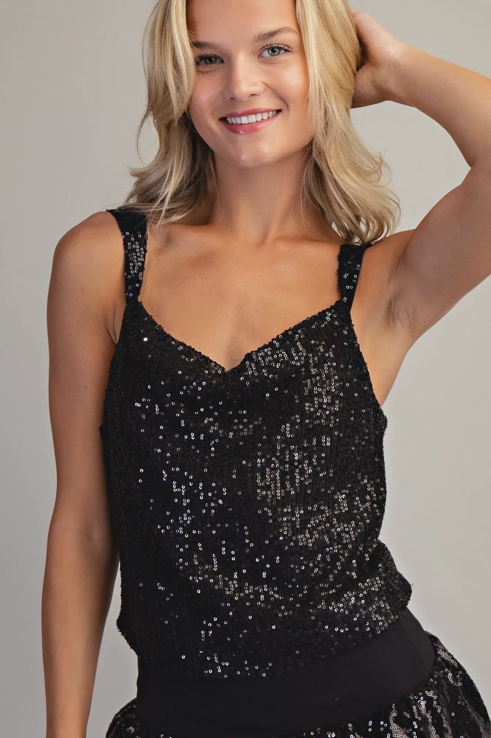 Glitter Holiday, Color: Midnight Black, Size: Small, Style: Cowl Neck Glitter Tank
